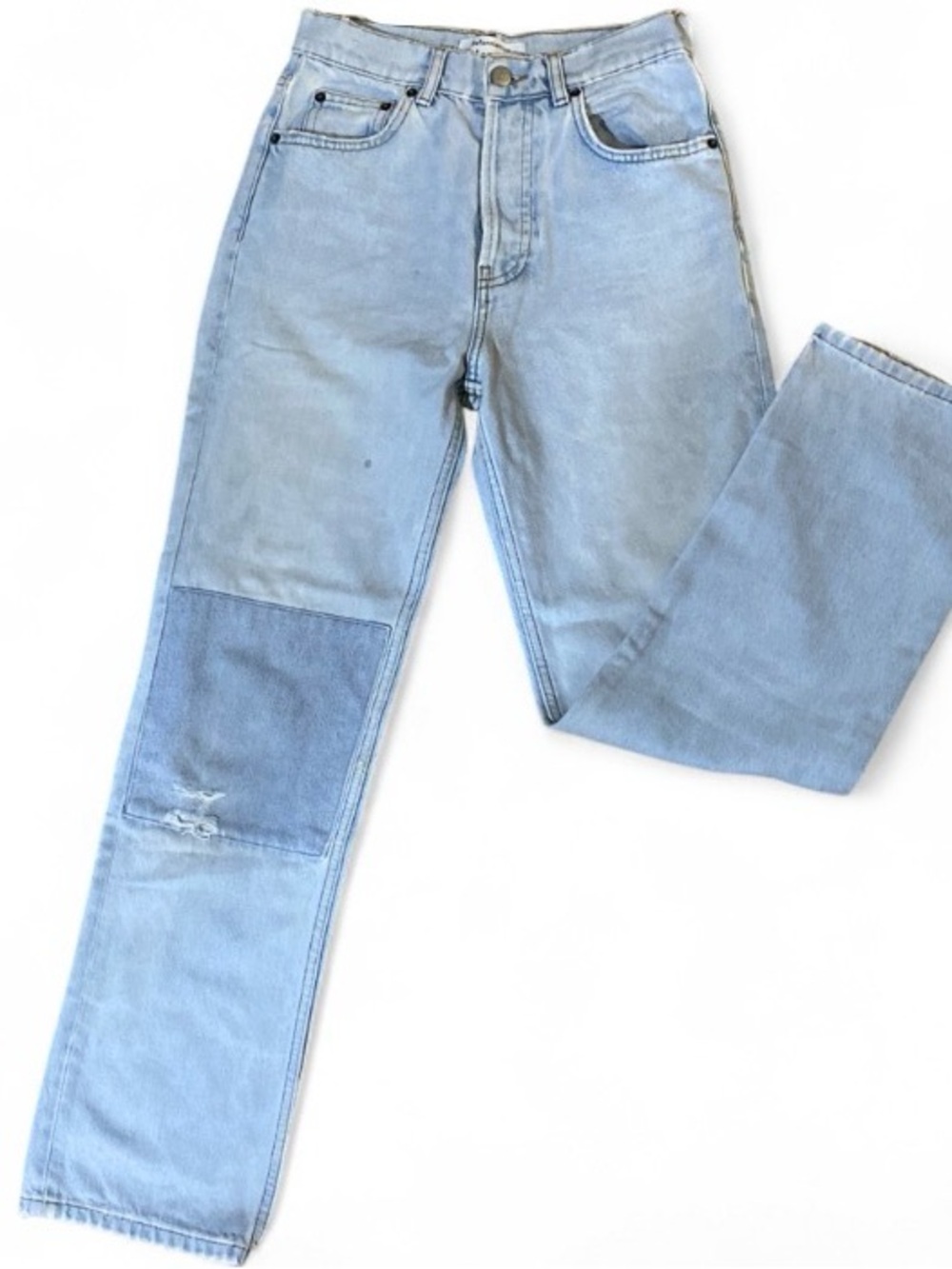 Reformation Cynthia Patch High Rise Straight Leg Distressed Tahoe Wash Denim 24